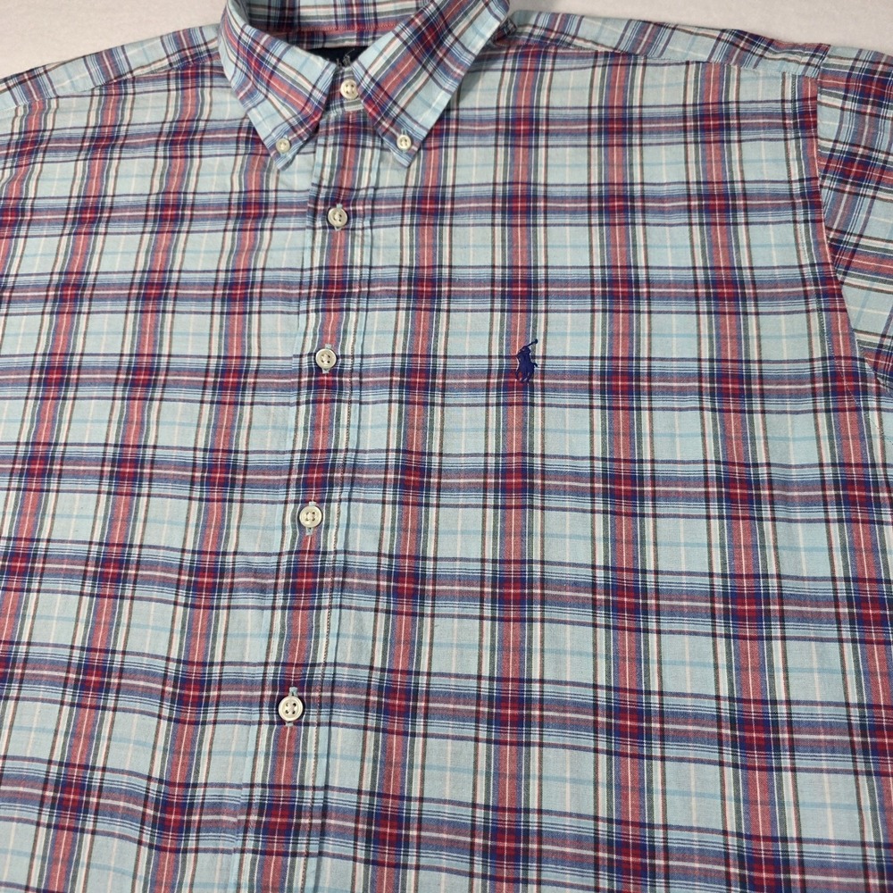 Vintage Ralph Lauren Men's Blake Button-up Blue & Red Plaid Size L 100% Cotton